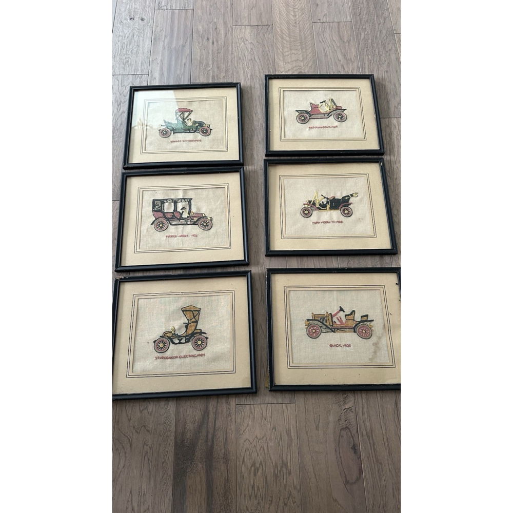 6 VINTAGE COMPLETED EMBROIDERY Antique Cars Framed Old Frames